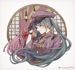 Rule 34 | 1girl, aryuma772, black gloves, brown eyes, cherry blossoms, closed mouth, floating hair, gloves, grey hair, hair between eyes, half gloves, hat, hatsune miku, highres, jacket, long hair, military hat, outside border, pinwheel, profile, purple hat, purple jacket, round image, senbon-zakura (vocaloid), smile, solo, twintails, twitter username, upper body, very long hair, vocaloid, white background