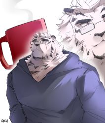Rule 34 | 1boy, animal ears, arknights, bara, bespectacled, blue hoodie, blush, casual, coffee mug, cup, furry, furry male, glasses, highres, hood, hoodie, large pectorals, male focus, mountain (arknights), mug, multiple views, muscular, muscular male, pectorals, sak (sakarov ), scar, scar across eye, scar on face, short hair, smile, steam, thick eyebrows, tiger boy, tiger ears, upper body, white fur, white hair