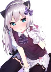 Rule 34 | 1girl, :o, animal ears, between legs, black footwear, black thighhighs, blue eyes, blush, bow, cat ears, collared shirt, commentary request, diagonal stripes, fang, gloves, hair between eyes, hair bow, hand between legs, hand up, highres, long hair, mole, mole under mouth, nose blush, original, parted lips, pleated skirt, puffy short sleeves, puffy sleeves, purple bow, rouka (akatyann), shirt, shoes, short sleeves, silver hair, sitting, skirt, solo, striped, striped bow, sweater vest, thighhighs, very long hair, wariza, white background, white gloves, white shirt, white skirt