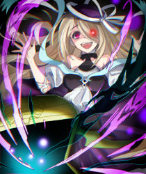Rule 34 | 1girl, bare shoulders, blonde hair, chromatic aberration, crazy eyes, crazy smile, darkness, detached sleeves, dress, glowing, glowing eye, hair over one eye, halterneck, long hair, looking at viewer, meer rowe, open mouth, pandora (p&amp;d), pectorals, puffy short sleeves, puffy sleeves, purple dress, puzzle &amp; dragons, red eyes, short sleeves, smile, solo, treasure chest, very long hair