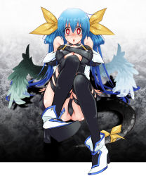 Rule 34 | 1girl, asymmetrical wings, black thighhighs, blue hair, blush, breasts, c-string, dizzy (guilty gear), feathered wings, guilty gear, hair ribbon, hair rings, highres, kyouhei, large breasts, red eyes, ribbon, solo, strapless bottom, sweatdrop, tail, tail ornament, tail ribbon, thighhighs, twintails, wide-eyed, wings