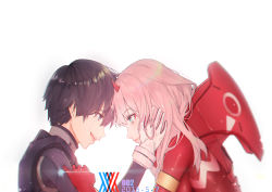 Rule 34 | 10s, 1boy, 1girl, absurdres, black bodysuit, black hair, blue eyes, bodysuit, commentary request, couple, darling in the franxx, forehead-to-forehead, fringe trim, gloves, green eyes, hand on another&#039;s face, heads together, hetero, highres, hiro (darling in the franxx), horns, koi han, long hair, looking at another, oni horns, pilot suit, pink hair, red bodysuit, red gloves, red horns, short hair, zero two (darling in the franxx)