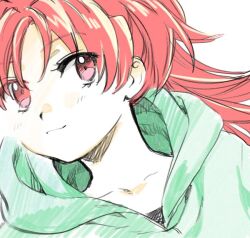 Rule 34 | 1girl, black shirt, closed mouth, collarbone, commentary request, eyelashes, green hood, green jacket, hood, hood down, hooded jacket, jacket, long hair, looking at viewer, mahou shoujo madoka magica, mahou shoujo madoka magica (anime), no+bi=, ponytail, red eyes, red hair, sakura kyoko, shirt, simple background, smile, solo, upper body, white background
