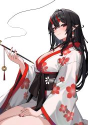 Rule 34 | 1girl, absurdres, black hair, blush, breasts, cleavage, closed mouth, coin, coin on string, earrings, floral print, highres, holding, holding smoking pipe, holed coin, horns, japanese clothes, jewelry, jintianhuahualema, kimono, large breasts, long hair, long sleeves, looking at viewer, mole, mole on breast, mole under eye, nail polish, obi, original, pointy ears, print kimono, red eyes, red nails, sash, simple background, sitting, smile, smoking pipe, solo, tassel, underbust, white background, white kimono, wide sleeves