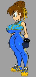Rule 34 | 1girl, blue bodysuit, bodysuit, bracelet, breasts, brown eyes, brown hair, cameltoe, capcom, chinese clothes, chun-li, covered erect nipples, double bun, full body, hair bun, highres, huge breasts, jellot, jewelry, looking away, shoes, sleeveless, solo, spiked bracelet, spikes, standing, street fighter, thick thighs, thighs, yellow footwear