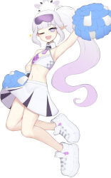 Rule 34 | 1girl, absurdres, alternate costume, alternate hairstyle, armpits, blu berry, blue archive, cheerleader, commentary, detached collar, english commentary, eyewear on head, flat chest, full body, gradient hair, halterneck, high ponytail, highres, himari (blue archive), legs, light purple hair, long hair, looking at viewer, millennium cheerleader outfit (blue archive), mole, mole under eye, multicolored hair, navel, one eye closed, open mouth, pleated skirt, pom pom (cheerleading), ponytail, purple eyes, purple skirt, shoes, simple background, skirt, smile, sneakers, solo, star (symbol), stomach, two-tone skirt, very long hair, white background, white footwear, white hair, white skirt