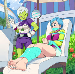 Rule 34 | 2girls, absurdres, barefoot, bdsm, black bra, blue eyes, blue hair, blush, bondage, bound, bound arms, bound legs, bound wrists, bra, breasts, bulma, cheelai, cleavage, colored skin, dragon ball, dragon ball super, dragon ball super broly, gag, gagged, green skin, grey hair, hand on own hip, highres, improvised gag, jacket, jewelry, large breasts, legs, lost one zero, matching hair/eyes, mature female, medium breasts, multiple girls, nail polish, necklace, one eye closed, open clothes, open jacket, purple eyes, shorts, sweat, tape, tape gag, thighs, toenail polish, toenails, underwear, white shorts, wink