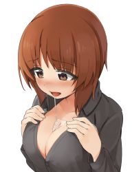 Rule 34 | 10s, 1girl, araki mitsuru, black shirt, brown eyes, brown hair, bust cup, collared shirt, dress shirt, girls und panzer, half-closed eyes, hands on own chest, highres, long sleeves, nishizumi miho, saliva, shirt, short hair with long locks, simple background, solo, upper body, white background