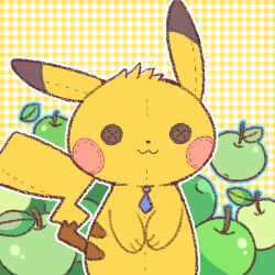 Rule 34 | :3, apple, blue necktie, blue outline, button eyes, buttons, creatures (company), food, fruit, game freak, gen 1 pokemon, green apple, looking at viewer, lowres, necktie, nintendo, no humans, outline, pikachu, plaid background, pokemon, pokemon (creature), stuffed animal, stuffed toy, white outline, zrae