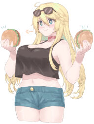 Rule 34 | 1girl, alternate costume, az toride, blonde hair, blue eyes, blush, breasts, burger, choker, cleavage, crop top, crop top overhang, cropped legs, denim, denim shorts, eyewear on head, food, hair between eyes, highres, holding, holding burger, holding food, iowa (kancolle), kantai collection, large breasts, long hair, puff of air, red choker, short shorts, shorts, simple background, smile, solo, star-shaped pupils, star (symbol), sunglasses, symbol-shaped pupils, white background