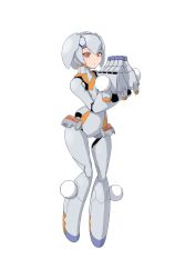 Rule 34 | 10s, 1girl, absurdres, android, full body, gunslinger stratos, highres, humanoid robot, joints, no feet, ohagi mochi, orange eyes, oversized limbs, robot, robot ears, robot joints, silver hair, solo, steepled fingers, white background, xi-988