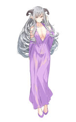 Rule 34 | 1girl, bare shoulders, breasts, cleavage, closed mouth, collarbone, commentary request, dress, full body, grey hair, hair between eyes, highres, horns, large breasts, long hair, looking at viewer, original, plunging neckline, purple dress, purple footwear, red eyes, shoes, simple background, sleeveless, sleeveless dress, smile, solo, very long hair, white background, yuuji (yukimimi)