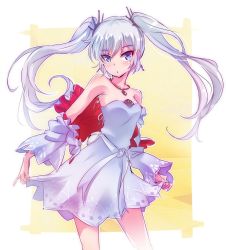 Rule 34 | 1girl, bare shoulders, blue eyes, blush, border, breasts, capelet, cowboy shot, detached sleeves, earrings, iesupa, jewelry, long hair, medium breasts, necktie, outside border, rwby, scar, scar across eye, scar on face, solo, twintails, weiss schnee, white border, white hair, wide sleeves