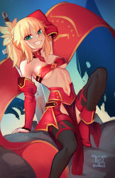 Rule 34 | 1girl, arm behind head, arm support, artist name, bandeau, blonde hair, braid, breasts, clarent (fate), detached collar, detached sleeves, fate/apocrypha, fate (series), french braid, green eyes, highres, looking at another, medium breasts, mordred (fate), navel, pennant, ponytail, red theme, smile, solo, sunset nivaris, thighhighs, thighs