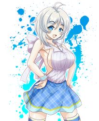 Rule 34 | .live, 1girl, :d, ahoge, backless outfit, bare shoulders, blue skirt, breasts, hands on own hips, large breasts, looking at viewer, open mouth, simple background, dennou shoujo siro, skirt, smile, solo, standing, thighhighs, tk8d32, virtual youtuber, white hair, wristband