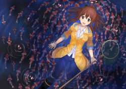 Rule 34 | 1girl, blush, boots, brown eyes, brown hair, cherry blossoms, dress shirt, fish, fishing net, floating, highres, jacket, koi, npcpepper, open mouth, original, pants, petals, ponytail, ripples, rubber boots, shirt, smile, solo, water