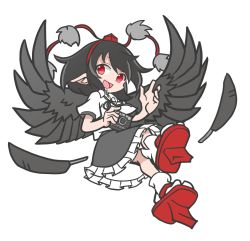 Rule 34 | 1girl, :d, bird wings, black feathers, black hair, black wings, camera, feathers, full body, geta, hat, holding, holding camera, looking at viewer, open mouth, pointy ears, pom pom (clothes), puyopuyo, red eyes, red footwear, red hat, shameimaru aya, shinmon akika, short hair, simple background, smile, socks, solo, tengu-geta, tokin hat, touhou, white background, white socks, wings