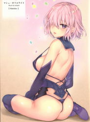 Rule 34 | 1girl, absurdres, ass, back, bare shoulders, black panties, black thighhighs, blush, breasts, character name, criss-cross halter, detached collar, elbow gloves, fate/grand order, fate (series), from behind, g-string, gloves, hair over one eye, halterneck, high heels, highres, kaguyuzu, large breasts, lips, looking at viewer, looking back, makeup, mash kyrielight, open mouth, panties, pink background, pink hair, purple eyes, purple gloves, scan, short hair, sideboob, simple background, sitting, smile, solo, strap gap, thighhighs, thong, underwear, yokozuwari