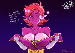 Rule 34 | 1girl, bare shoulders, breasts, chronoa, cleavage, closed mouth, collarbone, colored skin, detached sleeves, dragon ball, dragon ball xenoverse, dress, earrings, highres, jewelry, large breasts, looking at viewer, nexx art, orange hair, pink eyes, pixiv username, pointy ears, potara earrings, prototype design, purple dress, seductive smile, short hair, smile, solo, twitter username