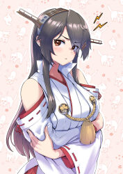 Rule 34 | 1girl, arms under breasts, asava (hutaitenn), black hair, breasts, brown eyes, cat, crossed arms, detached sleeves, eyes visible through hair, hair ornament, hairclip, haruna (kancolle), haruna kai ni (kancolle), headgear, highres, japanese clothes, kantai collection, large breasts, long hair, looking at viewer, nontraditional miko, pink background, popped collar, pout, ribbon-trimmed sleeves, ribbon trim, solo, upper body