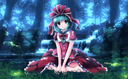 Rule 34 | 1girl, barefoot, blush, forest, frilled ribbon, frills, front ponytail, grass, green eyes, green hair, hair ribbon, hands on ground, head tilt, highres, indian style, kagiyama hina, light blush, light rays, long hair, looking at viewer, matching hair/eyes, nature, puffy short sleeves, puffy sleeves, ribbon, risutaru, short sleeves, sitting, skirt, skirt set, smile, solo, sparkle, stream, sunbeam, sunlight, touhou, water, waterfall