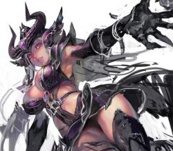 Rule 34 | 1girl, aoin, armor, breasts, cleavage, forehead jewel, gloves, helmet, large breasts, league of legends, md5 mismatch, pauldrons, purple eyes, resized, revision, shoulder armor, silver hair, simple background, smile, solo, syndra, thighhighs, white background