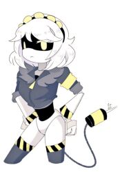 Rule 34 | 1girl, coat, colored skin, female focus, glitch productions, grey skin, mecha girl, mechanical tail, murder drones, one eye closed, robot girl, shiny skin, short hair, smile, tail, thighhighs, v (murder drones), yellow eyes
