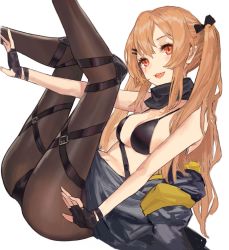 Rule 34 | 1girl, :3, absurdres, bandana, bikini, bikini top only, black bikini, black gloves, black pantyhose, black scarf, bow, breasts, brown hair, commentary request, fingerless gloves, girls&#039; frontline, gloves, hair bow, hair ornament, hair tie, hairclip, highres, jacket, unworn jacket, knee pads, legs up, long hair, looking at viewer, medium breasts, messikid, open mouth, pantyhose, red eyes, scar, scar across eye, scar on face, scarf, sidelocks, sitting, smile, solo, swimsuit, teeth, twintails, ump9 (girls&#039; frontline), unfinished, upper teeth only, white background