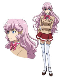 Rule 34 | 1girl, blue eyes, bow, bowtie, character sheet, closed mouth, expressionless, full body, hair ornament, kakumeiki valvrave, kakumeiki valvrave: undertaker, long hair, looking at viewer, miniskirt, official art, outa nao, pink bow, pink bowtie, pink hair, red skirt, school uniform, simple background, skirt, solo, standing, suzuki tatsuya, thighhighs, white background, white thighhighs