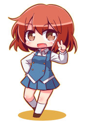 Rule 34 | 1girl, :d, blue skirt, blue vest, blush, brown eyes, brown footwear, brown hair, collared shirt, colored shadow, commentary, dress shirt, fang, full body, hair between eyes, hand on own hip, hand up, inokuma youko, kin-iro mosaic, kneehighs, long hair, looking at viewer, naga u, open mouth, pleated skirt, school uniform, shadow, shirt, shoes, skirt, smile, socks, solo, standing, v, vest, white background, white shirt, white socks