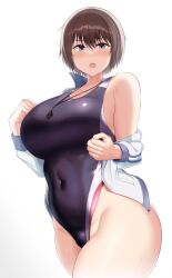 Rule 34 | breasts, brown hair, grey eyes, jacket, large breasts, one-piece swimsuit, short hair, swimsuit, thick thighs, thighs, whistle, whistle around neck