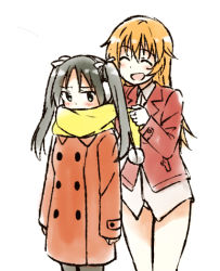 Rule 34 | 2girls, black hair, blush, buttons, charlotte e. yeager, closed eyes, coat, collared shirt, double-breasted, dressing, francesca lucchini, green eyes, hatopoo (beach7pijon), long hair, long sleeves, military, military uniform, multiple girls, open mouth, orange hair, panties, pantyhose, pom pom (clothes), scarf, shirt, simple background, sleeves past wrists, smile, strike witches, twintails, underwear, uniform, white background, white panties, winter clothes, world witches series