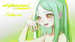 Rule 34 | 1girl, absurdres, artificial eye, artist request, collarbone, colored sclera, colored skin, commentary request, copyright name, crying, crying with eyes open, cyberpunk (series), cyberpunk edgerunners, glitch, gradient background, green eyes, green hair, highres, long hair, looking at viewer, mechanical eye, neck tattoo, open mouth, rebecca (cyberpunk), red pupils, red sclera, simple background, solo, straight hair, tattoo, tears, teeth, upper body, upper teeth only, weibo logo, weibo watermark, white skin, wiping tears
