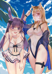 Rule 34 | 2girls, :d, absurdres, alternate hairstyle, animal ears, arknights, bad id, bad pixiv id, bikini, bikini skirt, black bow, blonde hair, blue sky, blush, bow, breasts, breath, chinese commentary, cleavage, cloud, commentary request, competition swimsuit, cowboy shot, day, eyewear on head, hair bow, hair down, hand on own cheek, hand on own face, hand up, heart, heart-shaped pupils, highres, hongbaise raw, horse girl, large breasts, leaning forward, long hair, looking at viewer, miniskirt, multiple girls, navel, nearl (arknights), nearl (shimmering dew) (arknights), off shoulder, official alternate costume, one-piece swimsuit, open mouth, outdoors, pleated skirt, purple eyes, purple hair, rabbit ears, rope (arknights), rope (summer flowers) (arknights), skirt, sky, smile, standing, stomach, strapless, strapless bikini, sunglasses, swimsuit, swimsuit cover-up, symbol-shaped pupils, thigh strap, thighs, white bikini, white one-piece swimsuit, white skirt