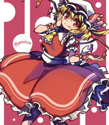 Rule 34 | 1girl, :p, arm up, ascot, blonde hair, crystal, feet out of frame, flandre scarlet, flat chest, frills, hand on own face, hands up, highres, light blush, looking at viewer, one side up, red background, red eyes, red skirt, red vest, renshirenji, simple background, skirt, skirt set, solo, tongue, tongue out, touhou, vest, wings, yellow ascot