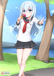 Rule 34 | 1girl, artist name, black skirt, blue eyes, blue hair, blue sky, blush, closed mouth, cloud, day, english text, female focus, food, grass, hair between eyes, hibiki (kancolle), highres, holding, holding food, holding ice cream, ice cream, kantai collection, long hair, long sleeves, looking at viewer, necktie, outdoors, patreon logo, patreon username, plant, rock, shirt, skirt, sky, solo, standing, tree, v, vahn yourdoom, watermark, web address, white shirt