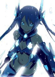 Rule 34 | 1girl, armor, backlighting, bare shoulders, black gloves, blue armor, blue eyes, blue hair, boots, bracer, closed mouth, commentary request, detached sleeves, flat chest, floating hair, gloves, hair between eyes, hair flaps, headgear, holding, holding weapon, leotard, long hair, looking at viewer, magical girl, navel, ore twintail ni narimasu, shade, sidelocks, smile, solo, standing, stomach, tailblue, thigh boots, thighhighs, tsube aika, twintails, water drop, weapon, white background, white leotard, yuto (dialique)