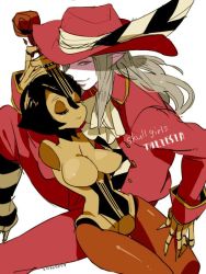 Rule 34 | 1boy, 1girl, artist request, breasts, colored skin, ascot, feathers, hat, hat feather, instrument, jacket, long hair, muse (skullgirls), no arms, no mouth, personification, pointy ears, purple skin, red eyes, silver hair, skullgirls, taliesin (skullgirls)