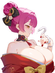 1girl artist_name breasts chinese_zodiac cleavage commentary eden_(shiroki_yuutsu) english_commentary hair_bun huge_breasts japanese_clothes kimono open_mouth original pink_hair simple_background smile snake solo upper_body vanilla_(eden_(shiroki_yuutsu)) white_background year_of_the_snake yellow_eyes