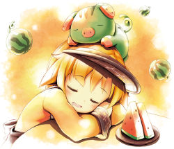 Rule 34 | 1girl, :d, aikei ake, animal, animal on head, apron, blonde hair, blush, boots, brown apron, brown footwear, brown hat, closed eyes, cross-laced footwear, dress, drooling, food, fruit, full body, hat, knee boots, lace-up boots, long sleeves, on head, one side up, open mouth, original, plate, sleeping, smile, solo, visor cap, watermelon, yellow dress