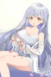 Rule 34 | 1girl, assault lily, bare shoulders, blue background, blunt bangs, breasts, camisole, cleavage, collarbone, commentary, crop top, cup, dutch angle, fingernails, gradient background, grey camisole, grey hair, grey shorts, hair ribbon, hands up, highres, holding, holding cup, invisible chair, jewelry, kon kanaho, large breasts, light blush, long hair, long sleeves, looking at viewer, midriff, off shoulder, open clothes, open shirt, parted lips, petals, purple ribbon, ribbon, ring, shirt, short shorts, shorts, sidelocks, sitting, sleeves past wrists, solo, spaghetti strap, tea, teacup, very long hair, wavy hair, white shirt, yellow background, yellow eyes, youmtk1714