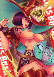 Rule 34 | 1girl, absurdres, black choker, black hair, boots, breasts, choker, cleft of venus, electric guitar, fingerless gloves, gloves, green eyes, guilty gear, guilty gear strive, guitar, hat, highres, i-no, instrument, large breasts, looking at viewer, mole, mole above mouth, nipples, pussy, red footwear, red headwear, red leather, red lips, short hair, sunglasses, telrem, thigh boots, tinted eyewear, tongue, tongue out, venus symbol, witch hat