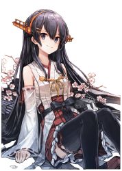 Rule 34 | 1girl, air qh, arm support, bad id, bad twitter id, bare shoulders, black eyes, black hair, black ribbon, black thighhighs, breasts, cherry blossoms, closed mouth, detached sleeves, frills, hair between eyes, haruna (kancolle), headgear, highres, kantai collection, knees up, long hair, long sleeves, looking at viewer, miniskirt, nontraditional miko, pleated skirt, ribbon, sitting, skirt, small breasts, smile, solo, thighhighs, wide sleeves