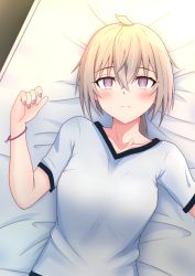 Rule 34 | 1girl, absurdres, bed, blush, bracelet, breasts, collarbone, cowlick, girls&#039; frontline, gotoo, grey hair, hair between eyes, highres, jewelry, light smile, looking at viewer, low ponytail, lying, m200 (girls&#039; frontline), nail polish, on back, on bed, pink eyes, shirt, short sleeves, sidelocks, small breasts, solo, sunlight, t-shirt, upper body, white shirt
