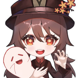 Rule 34 | 1girl, absurdres, boo tao (genshin impact), brown coat, brown eyes, brown hair, brown nails, chinese clothes, coat, collared coat, feisker, flower, flower-shaped pupils, genshin impact, ghost, hat, hat flower, hat tassel, highres, hu tao (genshin impact), long hair, looking at viewer, plum blossoms, porkpie hat, simple background, symbol-shaped pupils, teeth, upper body, upper teeth only