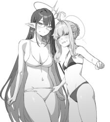 Rule 34 | 2girls, ahoge, blue archive, bra, breasts, clenched teeth, closed mouth, collarbone, earrings, glasses, grey hair, halo, highres, jewelry, kaya (blue archive), large breasts, long hair, looking at viewer, multiple girls, navel, panties, poi, rin (blue archive), sidelocks, small breasts, stomach, teeth, tori udon, underwear, underwear only, very long hair
