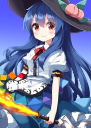 Rule 34 | 1girl, black hat, blue hair, blue skirt, blush, bow, bowtie, buttons, center frills, closed mouth, collared shirt, commentary, cowboy shot, eyes visible through hair, flaming sword, flaming weapon, food, frilled skirt, frills, fruit, hair between eyes, hat, highres, hinanawi tenshi, holding, holding sword, holding weapon, long hair, peach, peach hat ornament, puffy short sleeves, puffy sleeves, red bow, red bowtie, red eyes, ruu (tksymkw), shirt, short sleeves, skirt, smile, solo, split mouth, standing, sword, touhou, weapon, white shirt