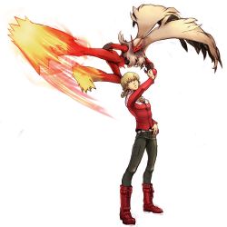 Rule 34 | 10s, 1boy, bad id, bad pixiv id, barnaby brooks jr., belt, blaziken, blonde hair, boots, creatures (company), crossover, fire, flying kick, game freak, gen 3 pokemon, glasses, green eyes, holding, holding poke ball, jacket, jewelry, kicking, male focus, necklace, nintendo, poke ball, pokemon, pokemon (creature), red jacket, tiger &amp; bunny, yui (kari)