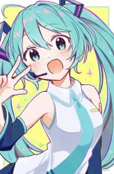 Rule 34 | 1girl, ahoge, aoiyui, aqua eyes, aqua hair, aqua nails, aqua necktie, bare shoulders, black sleeves, border, commentary request, detached sleeves, hair between eyes, hatsune miku, headphones, highres, inset border, light blush, looking at viewer, necktie, open mouth, shirt, shoulder tattoo, sidelocks, smile, solo, sparkle, tattoo, twintails, v, vocaloid, white border, white shirt, yellow background