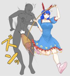 Rule 34 | 1boy, 1girl, abs, animal ears, ball busting, blue dress, blue hair, breasts, collarbone, commentary request, dress, earclip, faceless, faceless male, grey background, groin attack, highres, impossible clothes, impossible dress, kine, large breasts, legs, long hair, mallet, moon print, ponytail, puffy short sleeves, puffy sleeves, rabbit ears, red eyes, seiran (touhou), short dress, short hair, short sleeves, split ponytail, star (symbol), star print, surprised, toned, touhou, zig